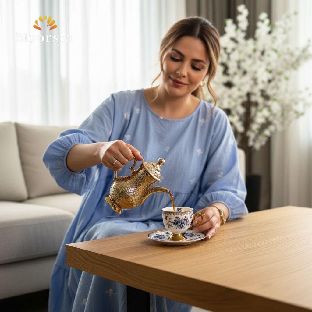 طقم فناجين قهوة شيك جدا للضيوف - Classic Blue Floral Porcelain Coffee Set with Gold Accents - Noorsta