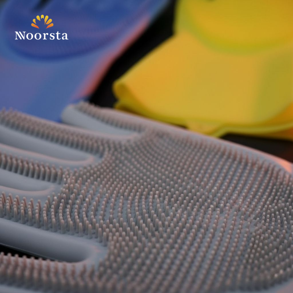 جوانتي سيليكون بشعر للتنظيف قطعتين - Versatile Silicone Bristle Cleaning Gloves - Noorsta