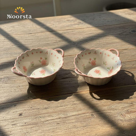 بولة بورسلين غويطة بيدات لتقديم الشوربة والسلطة - Chic Floral Porcelain Deep Bowl with Handles - Noorsta