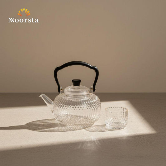 Crystal Diamond Textured Borosilicate Glass Tea Set with Ergonomic Handle - 7 Piece Set