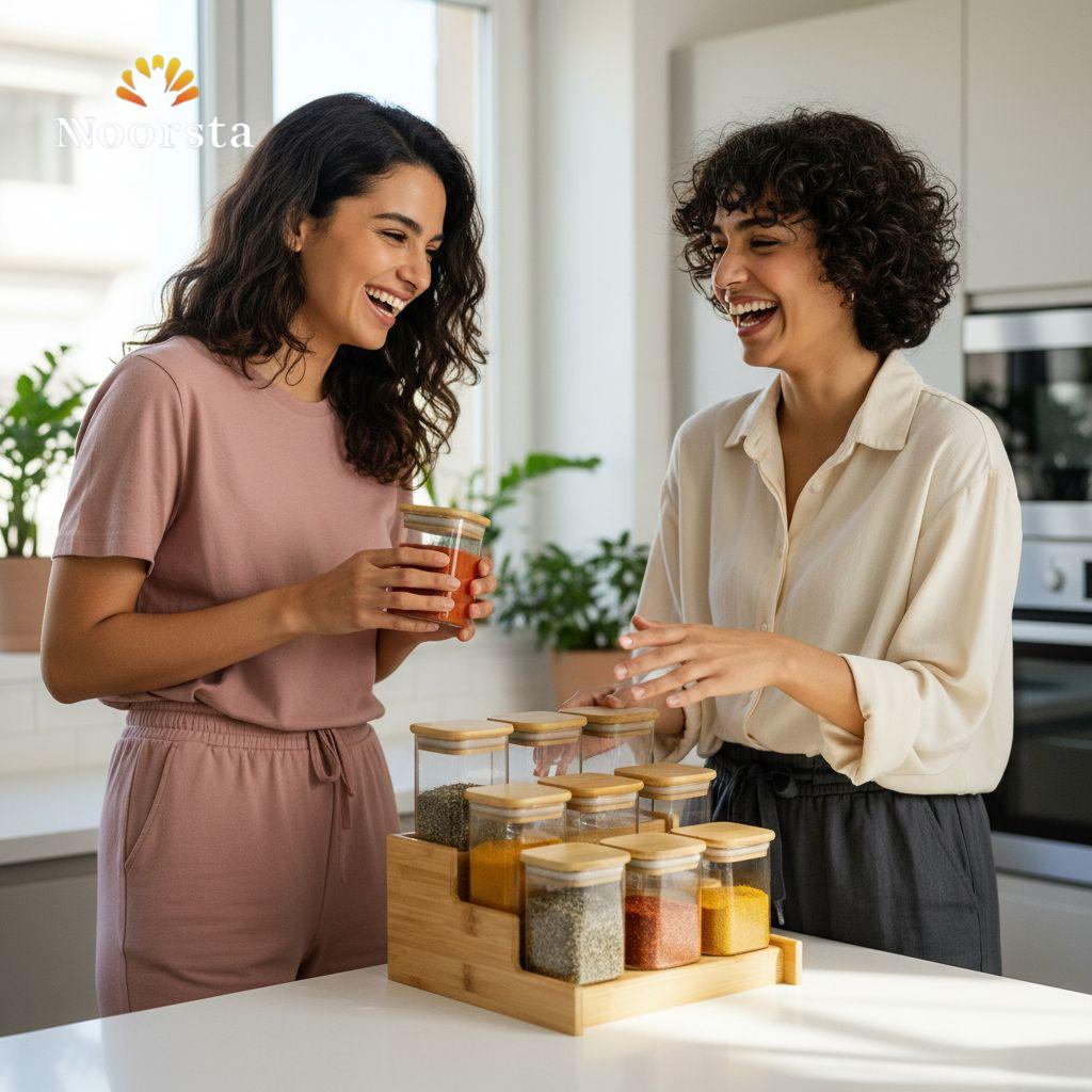 طقم توابل 9 برطمان زجاج بستاند بامبو شيك - Modern Bamboo 9-Jar Tiered Spice Rack Set - Noorsta
