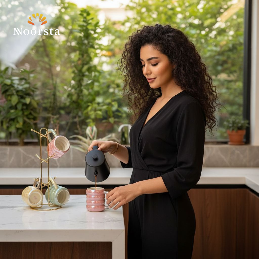 طقم مجات بورسلين لاستر مضلع مع استاند معدن - Modern Luster Porcelain Mug Set with Stand - Noorsta