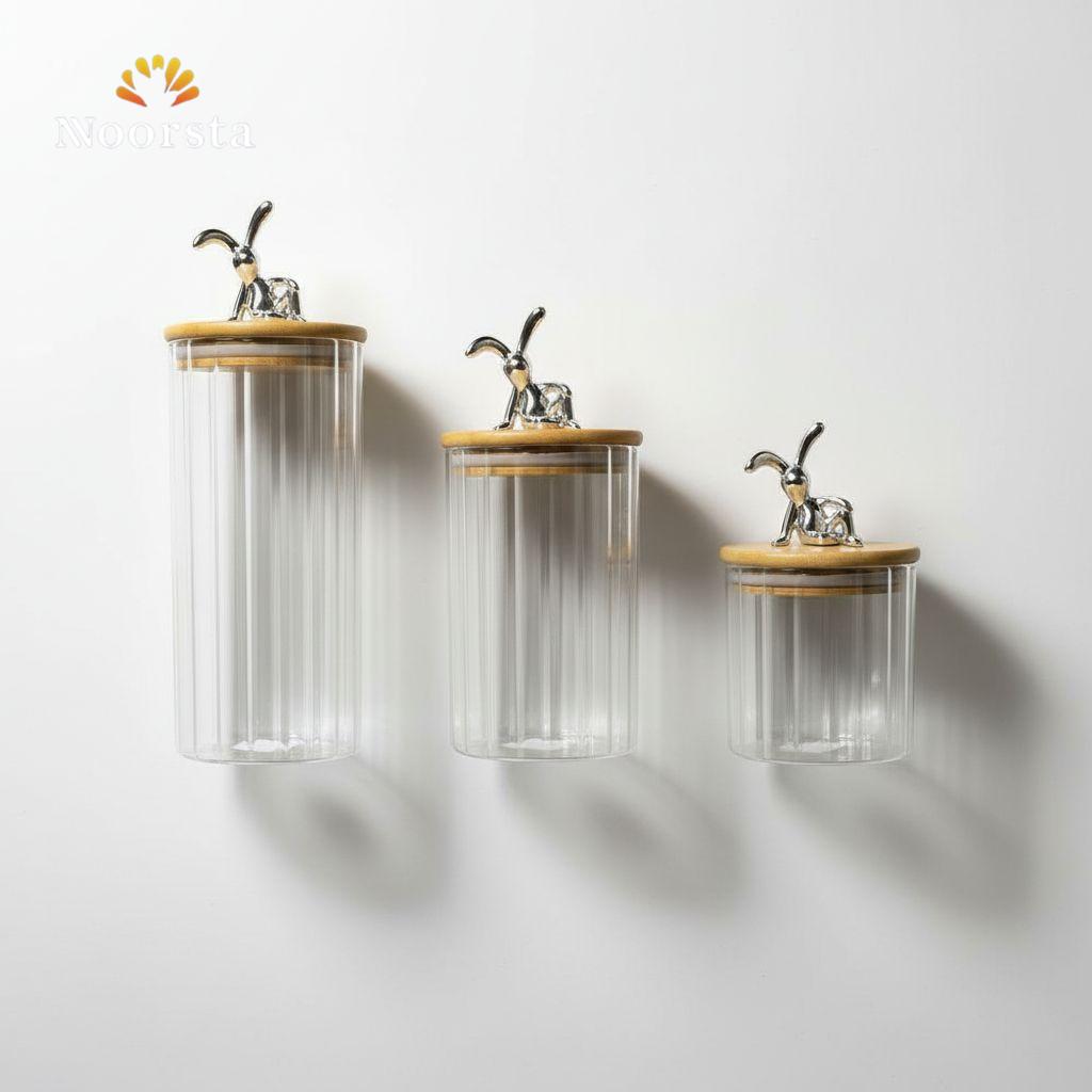 Royal Ribbed Glass Canister Set with Silver Rabbit Finial - 3 Piece Luxury Collection