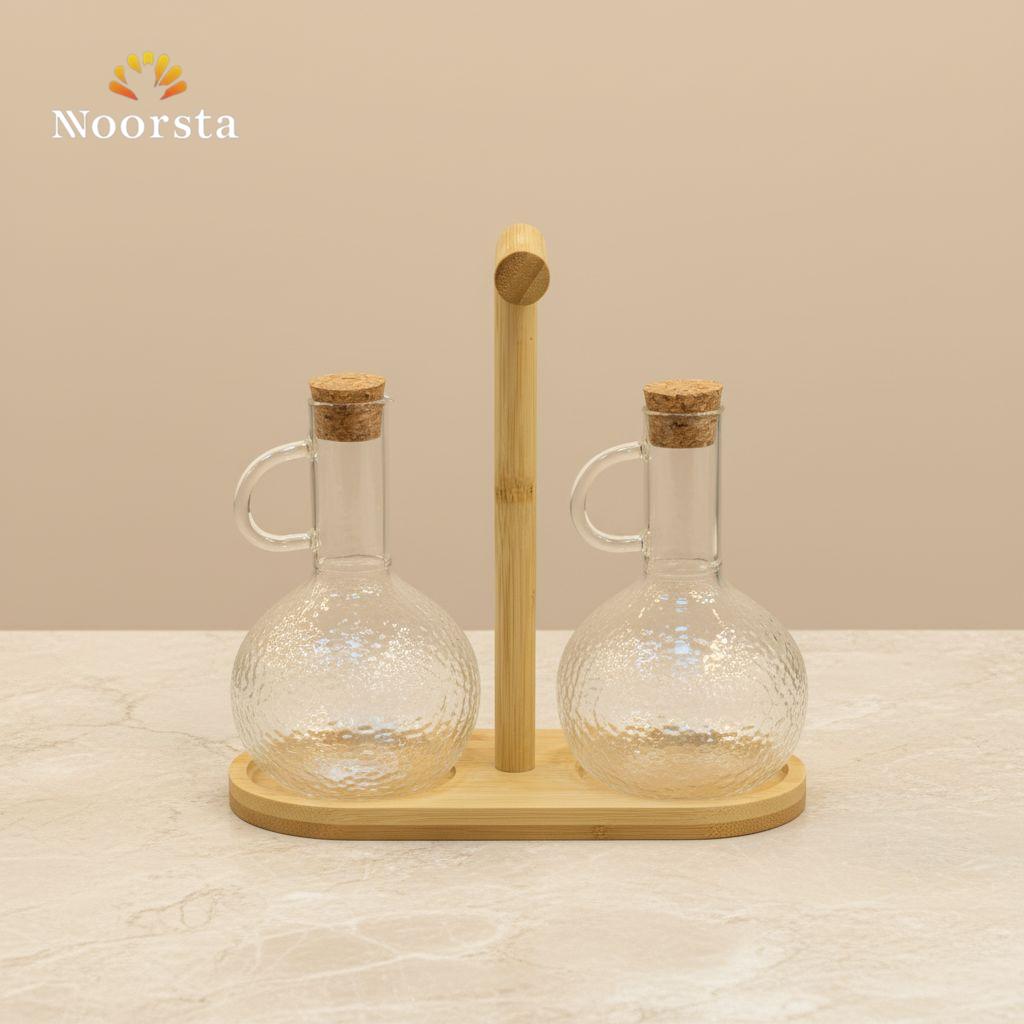 طقم زياتة زجاجي مع حامل خشب - Premium Hammered Glass Cruet Set - Noorsta