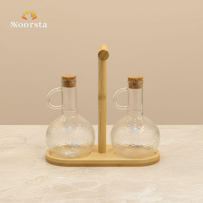 طقم زياتة زجاجي مع حامل خشب - Premium Hammered Glass Cruet Set - Noorsta