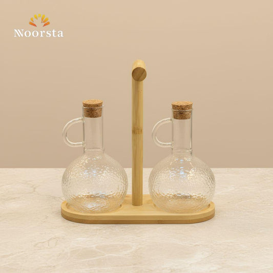 طقم زياتة زجاجي مع حامل خشب - Premium Hammered Glass Cruet Set - Noorsta