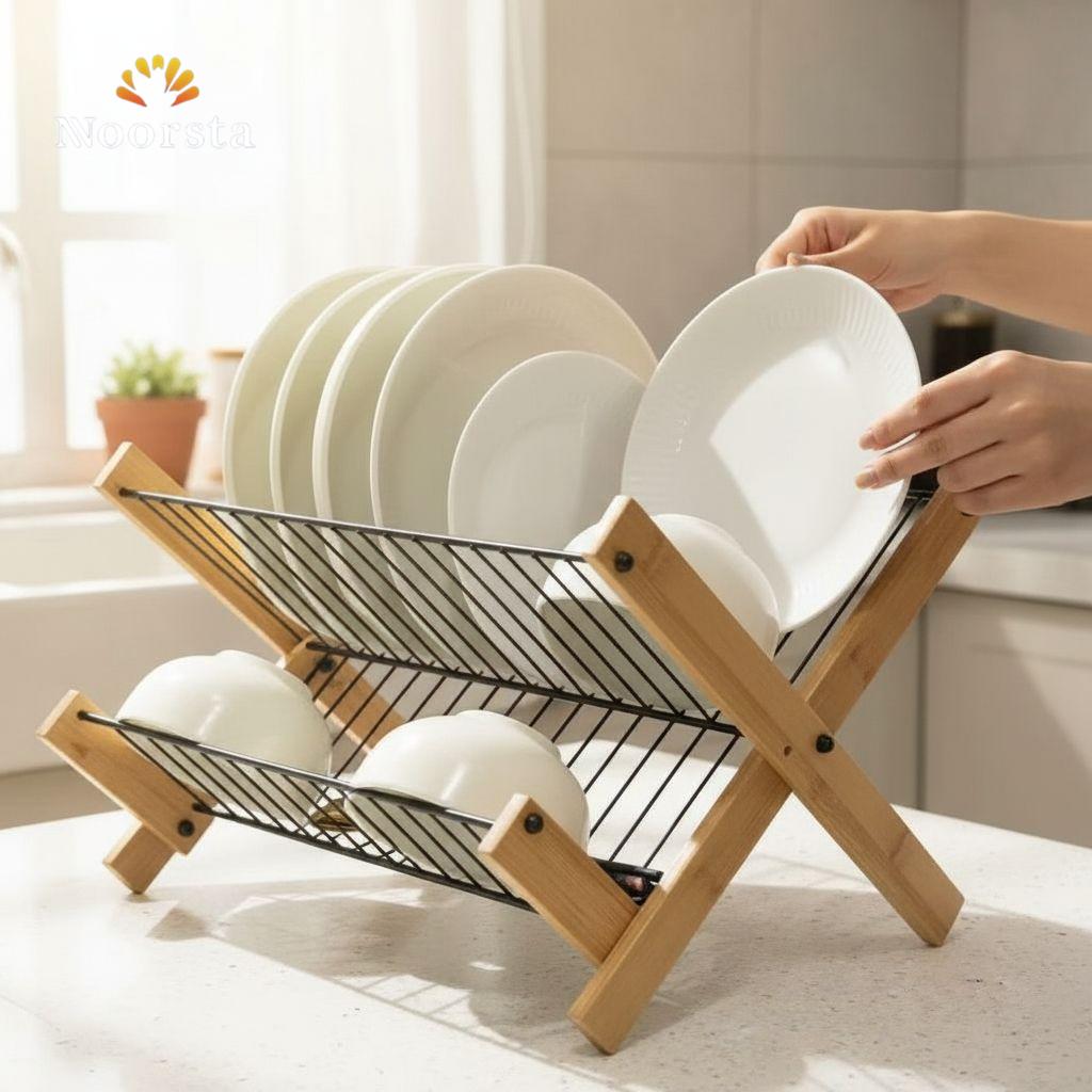 Zenith Foldable Bamboo & Black Wire Dish Drying Rack