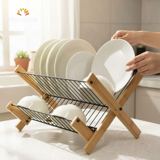 Zenith Foldable Bamboo & Black Wire Dish Drying Rack