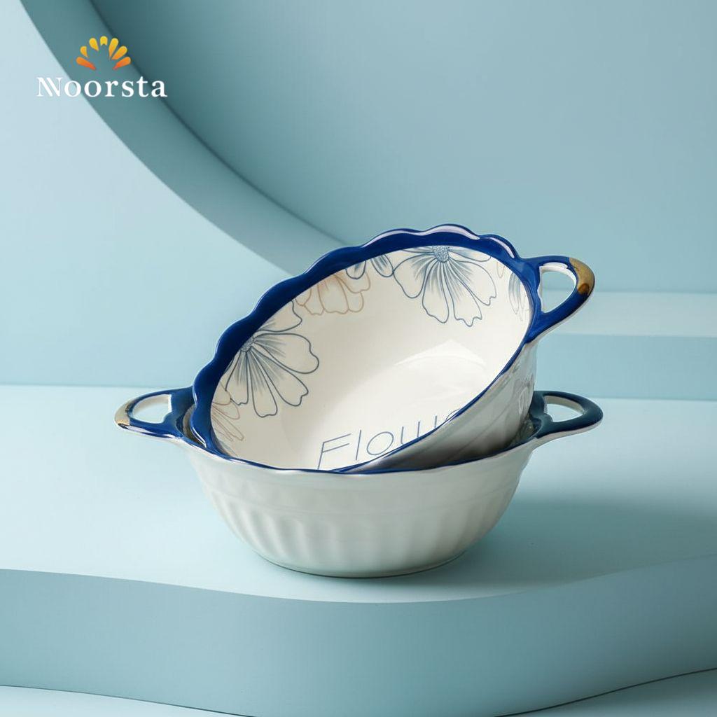 Azure Floral Scalloped Ceramic Serving Bowl with Handles