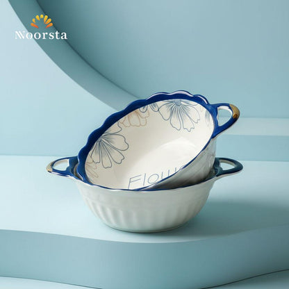 Azure Floral Scalloped Ceramic Serving Bowl with Handles