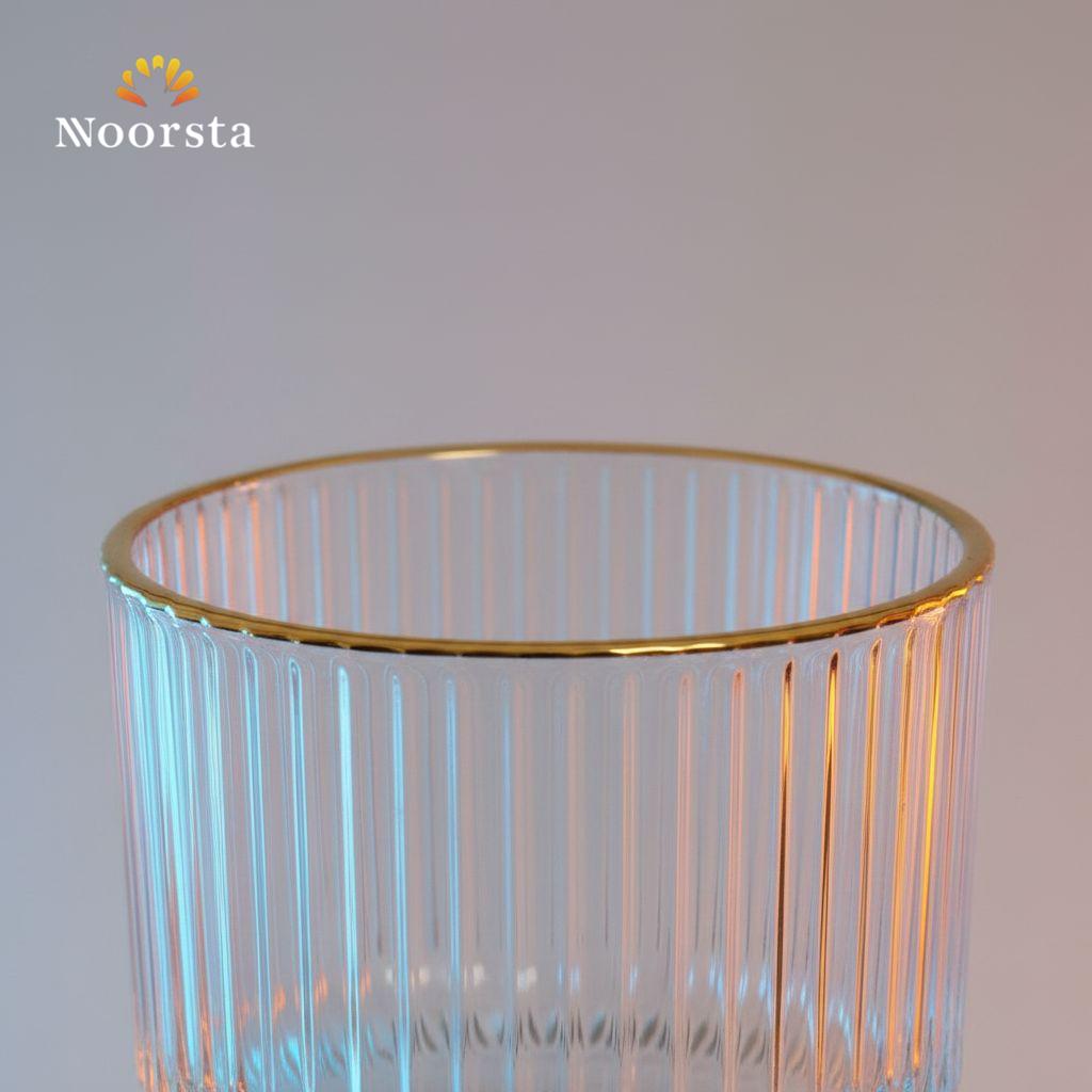 طقم كوبايات ازاز مضلع بكنار دهبي 6 قطع - Elegant Ribbed Glass Tea Cup Set with Gold Rim - Noorsta