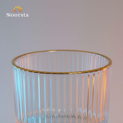 طقم كوبايات ازاز مضلع بكنار دهبي 6 قطع - Elegant Ribbed Glass Tea Cup Set with Gold Rim - Noorsta
