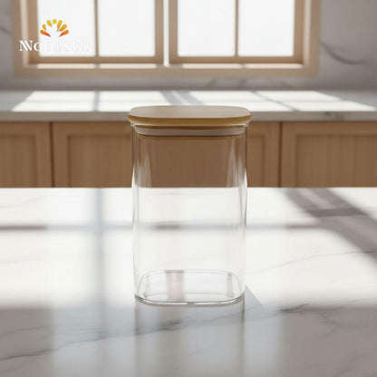 برطمانات قزاز للتوابل والبقوليات - Minimalist Square Glass Storage Jar with Wooden Lid - Noorsta