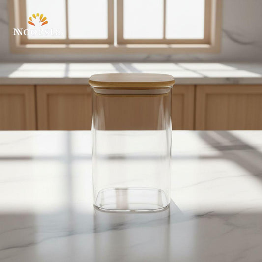 برطمانات قزاز للتوابل والبقوليات - Minimalist Square Glass Storage Jar with Wooden Lid - Noorsta