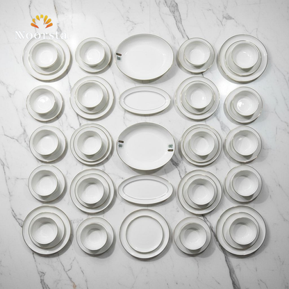 طقم عشاء بون تشاينا 28 قطعة بحواف دهبي شيك جدا لجهاز العروسة - Premium 28-Piece Bone China Dinnerware Set with Gold Trim - Noorsta