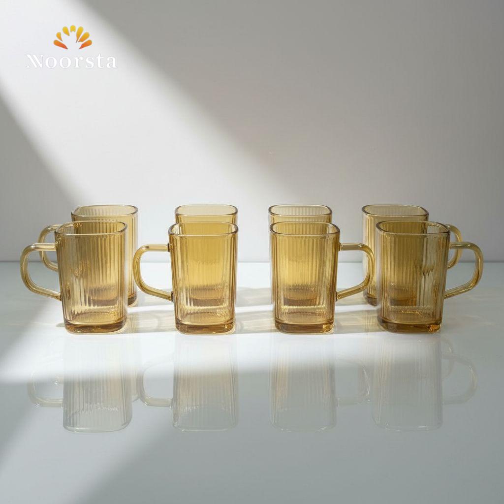 طقم مجات شاي قزاز عسلي مضلع 6 قطع لركن القهوة - Elegant Amber Ribbed Glass Tea and Coffee Mug Set 6 Pieces - Noorsta