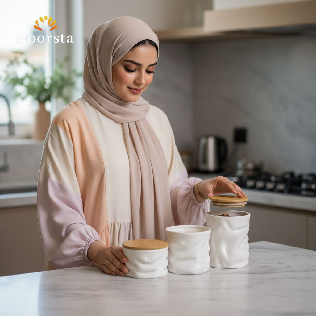 طقم توابل بورسلين مموج 3 قطع بغطاء خشب - Modern Wavy Porcelain Spice Jars with Wooden Lids - Noorsta