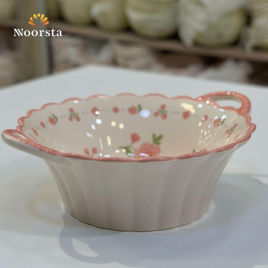بولة بورسلين غويطة بيدات لتقديم الشوربة والسلطة - Chic Floral Porcelain Deep Bowl with Handles - Noorsta