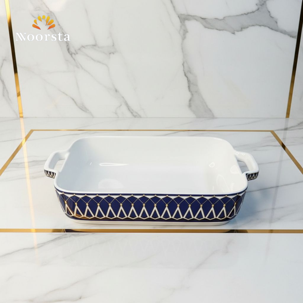 طاجن بورسلين مستطيل شيك لعزومات العيلة - Elegant rectangular porcelain baking dish with gold pattern - Noorsta