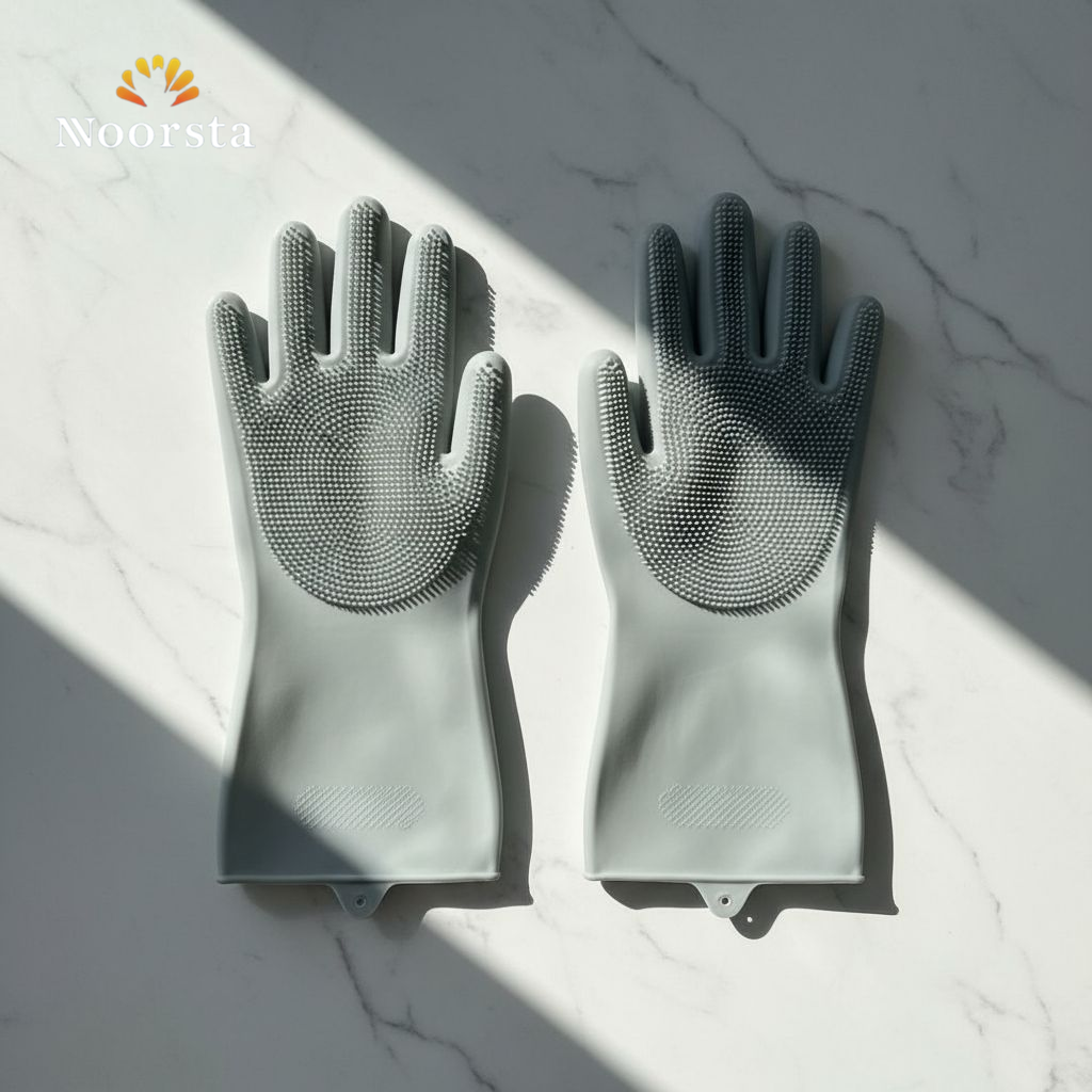 جوانتي سيليكون بشعر للتنظيف قطعتين - Versatile Silicone Bristle Cleaning Gloves - Noorsta