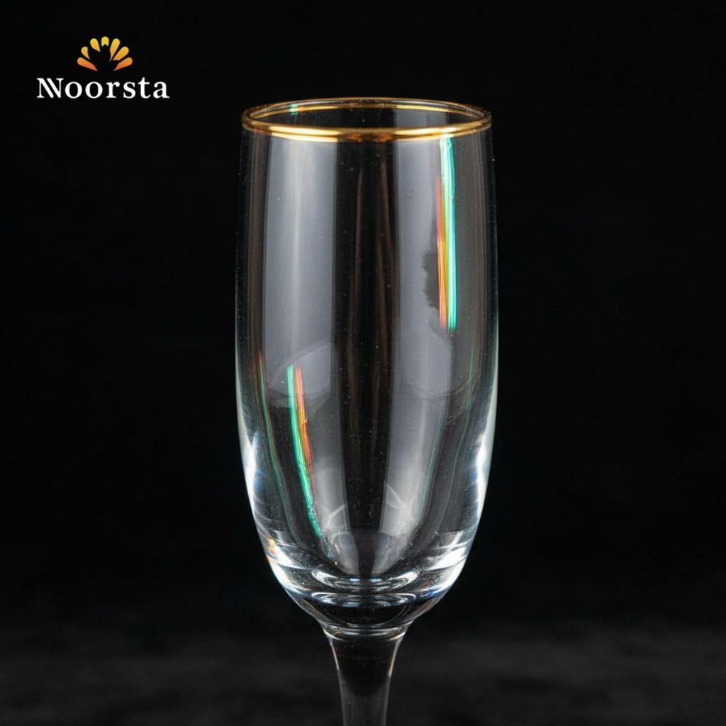 طقم كاسات زجاج طويل وشيك للعصاير والضيافة - Elegant slender glass flutes with gold rim for juice and cocktails - Noorsta