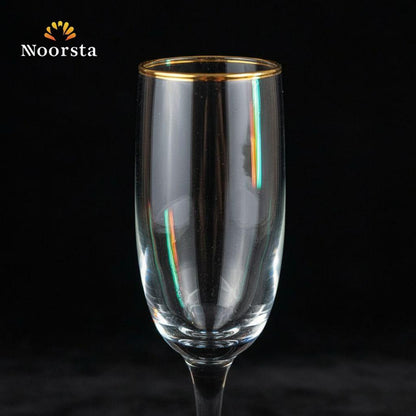 طقم كاسات زجاج طويل وشيك للعصاير والضيافة - Elegant slender glass flutes with gold rim for juice and cocktails - Noorsta