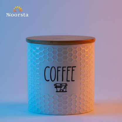 طقم علب بورسلين سكر وشاي بحامل خشب - Premium 3-Piece Porcelain Canister Set - Noorsta