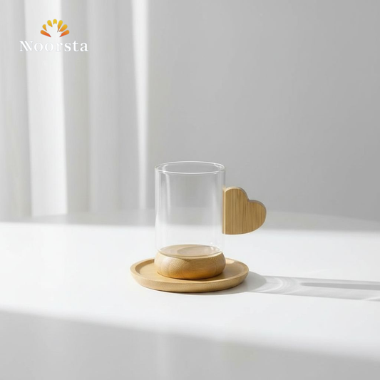 طقم فناجين قهوة بيركس بيد خشب بامبو على شكل قلب - Chic Heart-Handle Pyrex Coffee Cup Set with Bamboo Coasters - Noorsta