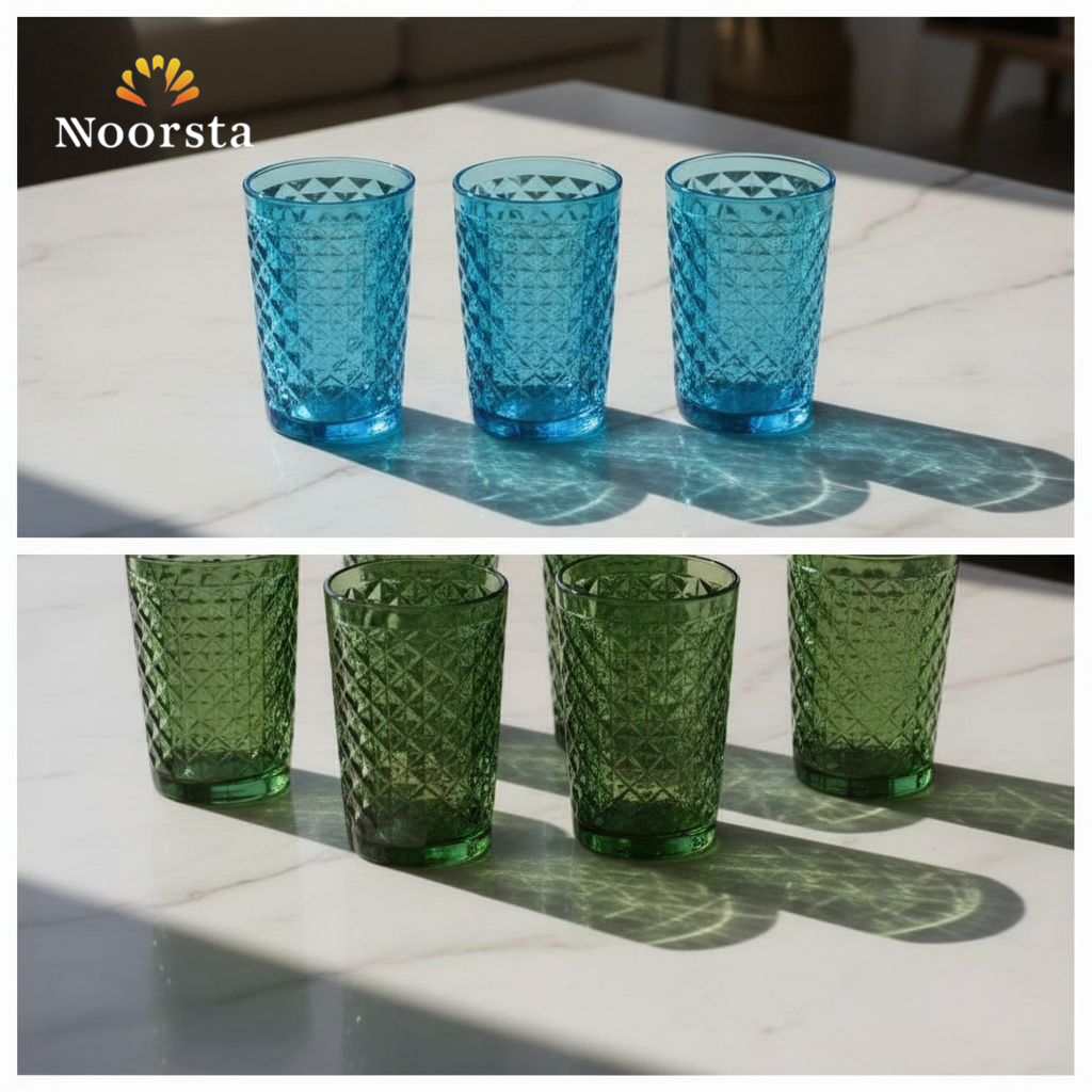 طقم شوب كريستال شيك لتقديم العصاير - Elegant Diamond Textured Crystal Glass Set - Noorsta