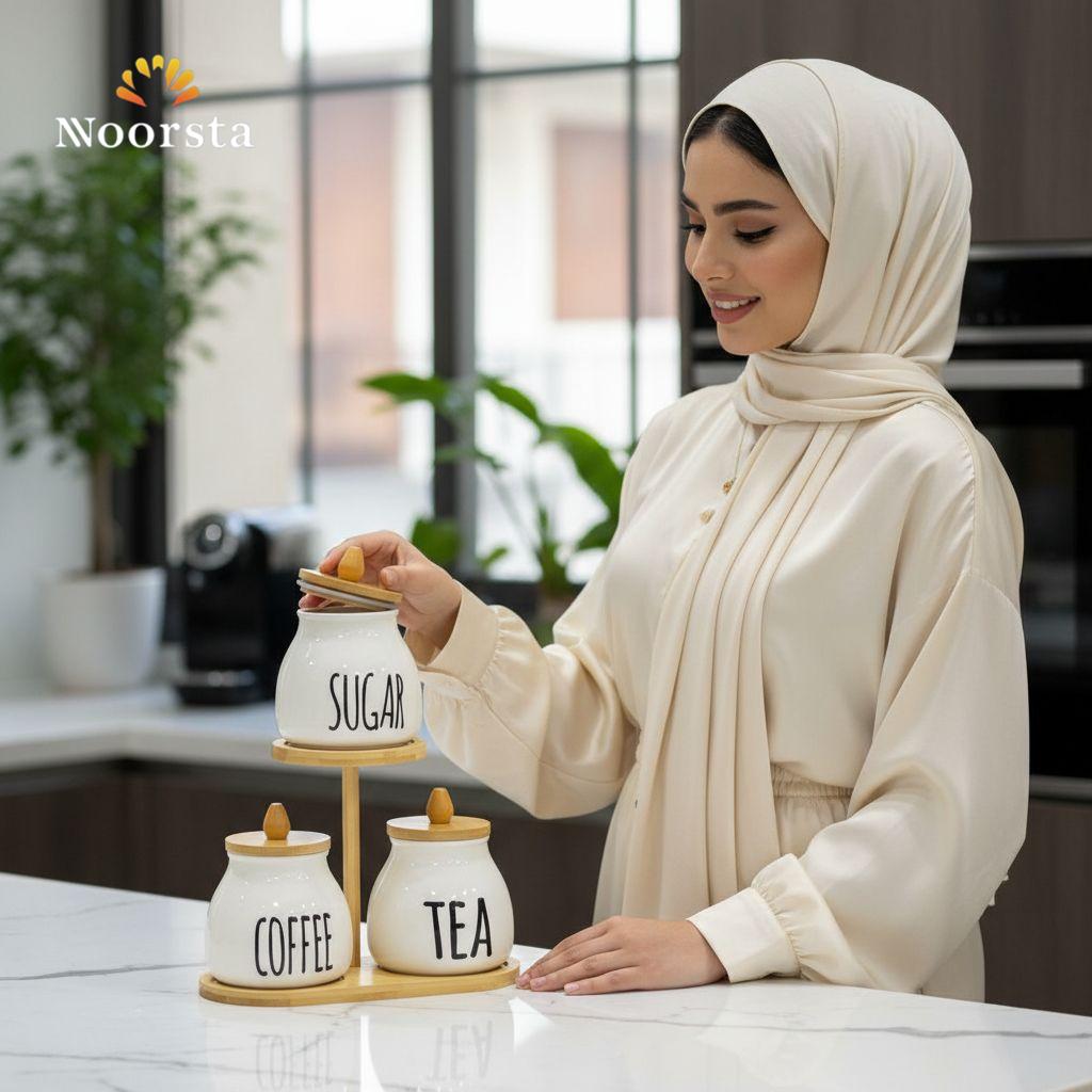 طقم برطمانات بورسلين بومبيه 3 قطع بحامل خشبي - Minimalist Porcelain Canister Set with Wooden Stand - Noorsta