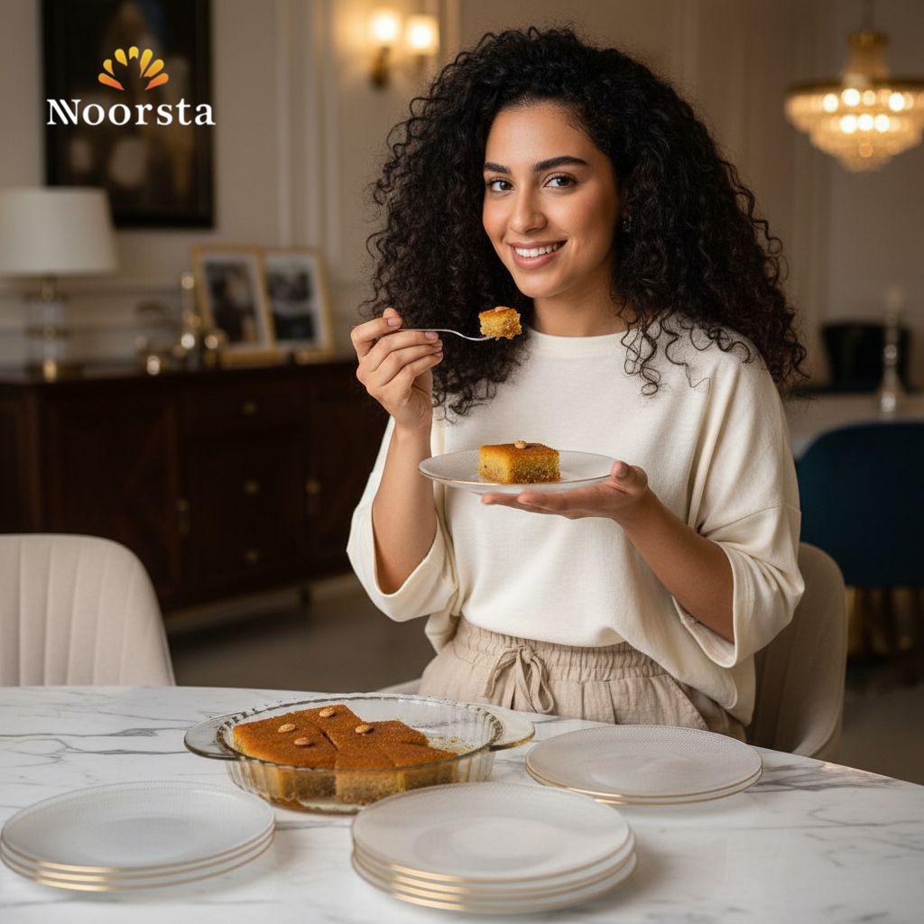 طقم جاتوه ازاز كاروهات بحواف دهبي شيك جدا - Elegant 7-piece textured pyrex glass dessert set with gold rim - Noorsta