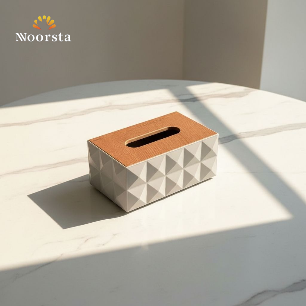 بوكس مناديل شيك بغطا خشب ديكور للبيت - Modern Geometric Tissue Box with Wooden Lid - Noorsta