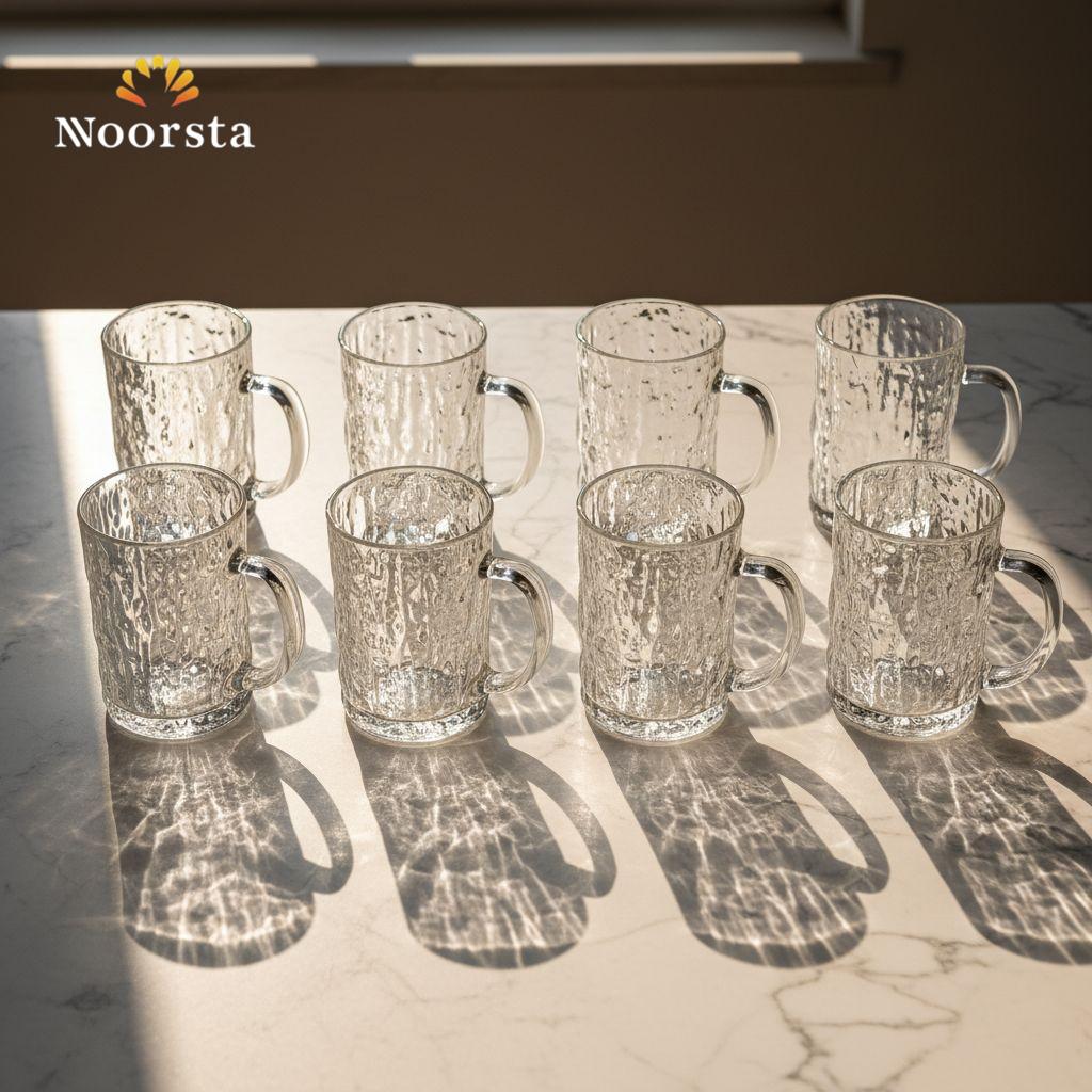 طقم مجات زجاج تقيل بتصميم مكسر شيك - Authentic Textured Clear Glass Mug Set 6 Pieces - Noorsta