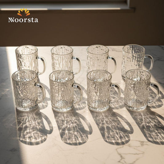 طقم مجات زجاج تقيل بتصميم مكسر شيك - Authentic Textured Clear Glass Mug Set 6 Pieces - Noorsta