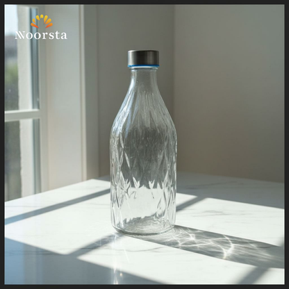 ازازة ميه زجاج سمبكسات بغطا ستانلس شيك - Elegant Diamond-Ribbed Glass Water Bottle - Noorsta