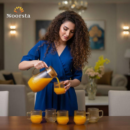 طقم شربات عسلي 7 قطع دورق وكوبايات - Elegant Amber Ribbed Glass Pitcher Set - Noorsta