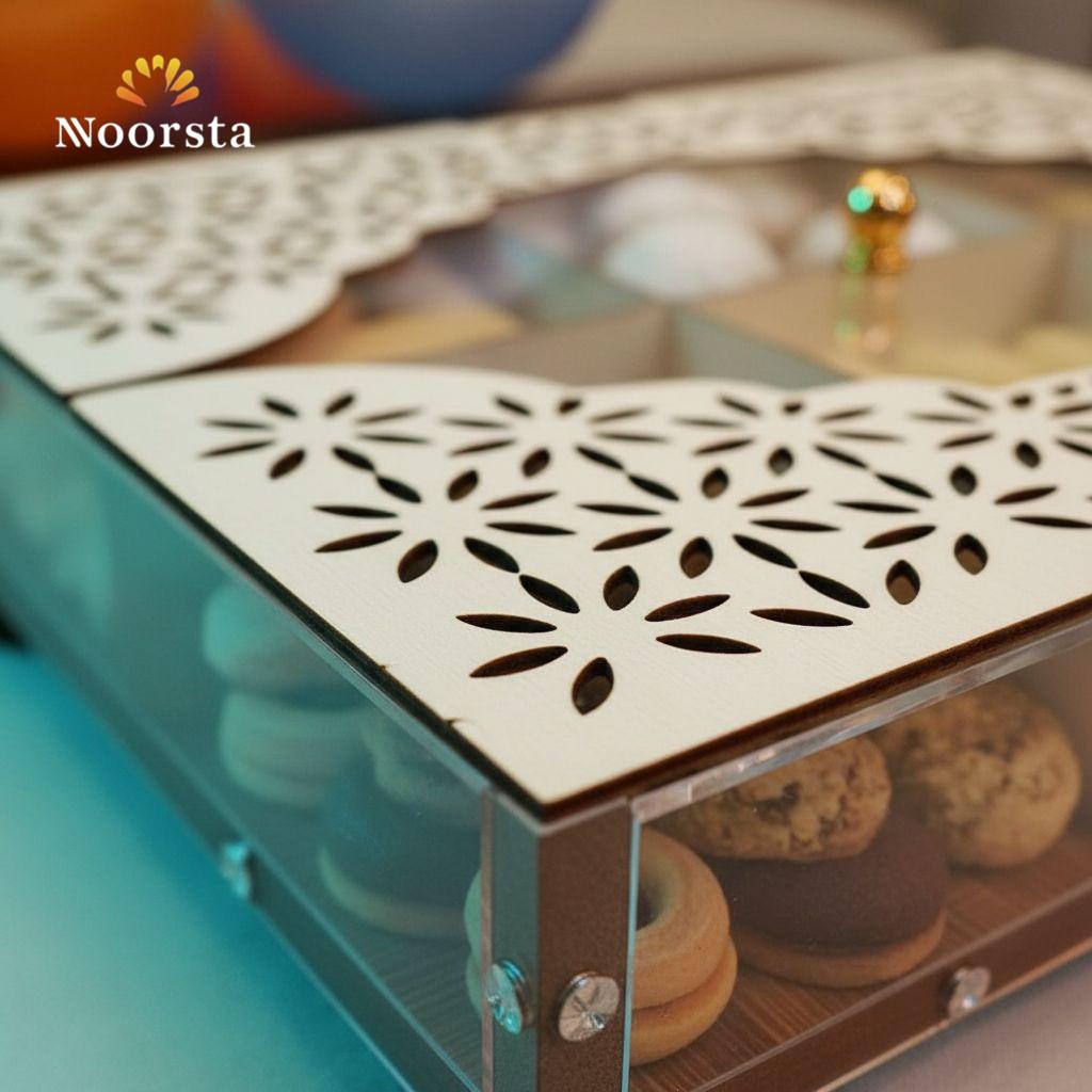 صندوق الضيافة الخشبي الفاخر بتصميم أرابيسك مفرغ وغطاء أكريليك شفاف