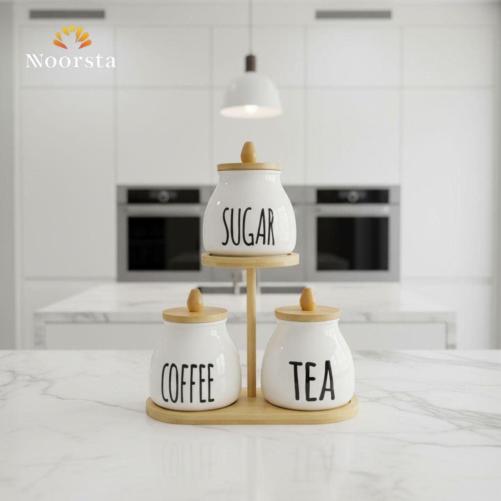 طقم برطمانات بورسلين بومبيه 3 قطع بحامل خشبي - Minimalist Porcelain Canister Set with Wooden Stand - Noorsta