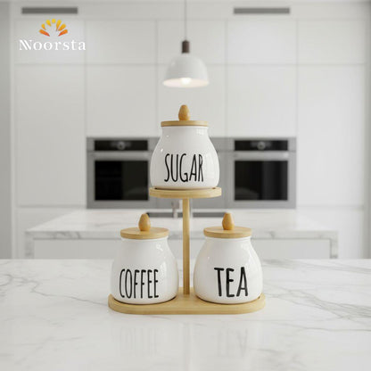 طقم برطمانات بورسلين بومبيه 3 قطع بحامل خشبي - Minimalist Porcelain Canister Set with Wooden Stand - Noorsta