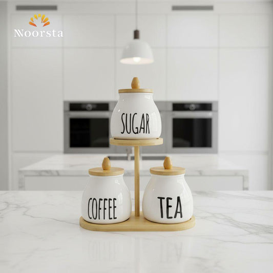 طقم برطمانات بورسلين بومبيه 3 قطع بحامل خشبي - Minimalist Porcelain Canister Set with Wooden Stand - Noorsta