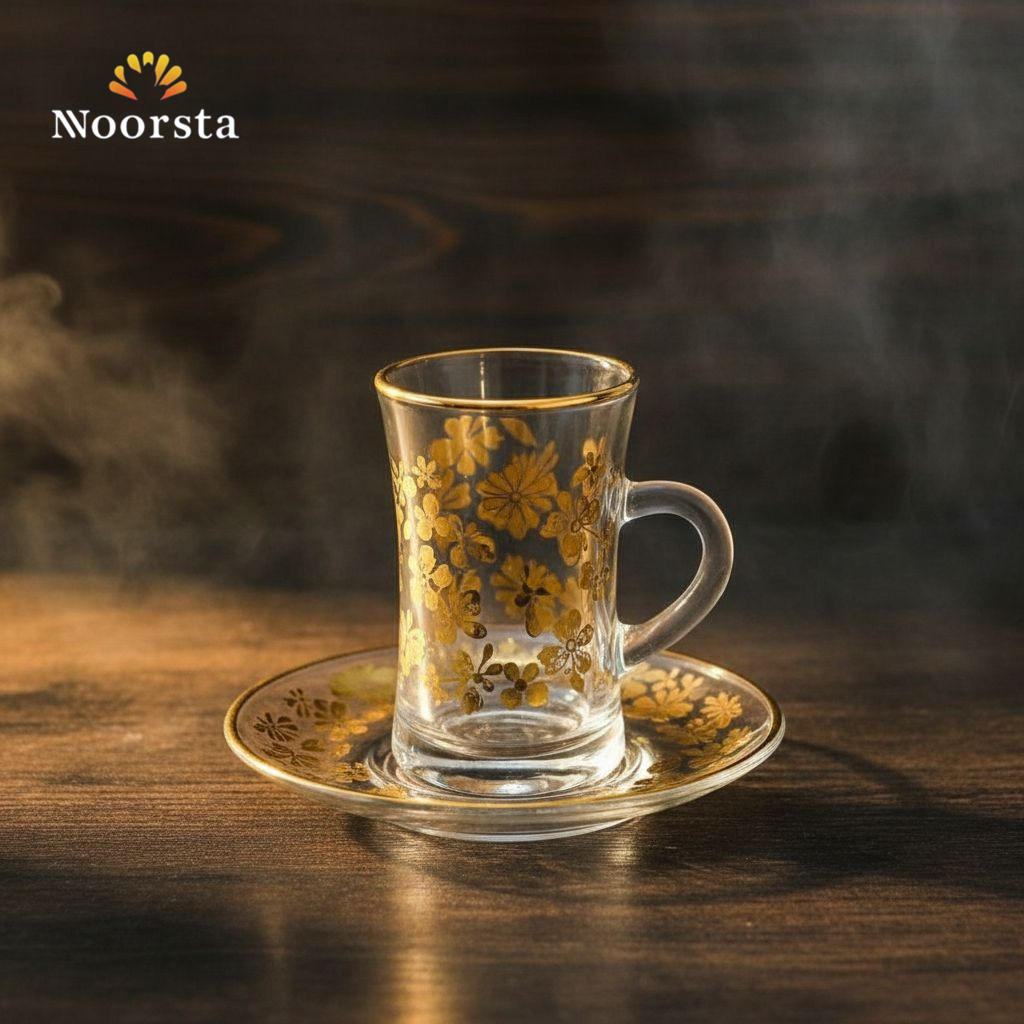 طقم استكانات شاي قزاز بحواف دهبي - Elegant Gold-Rimmed Glass Tea Set - Noorsta