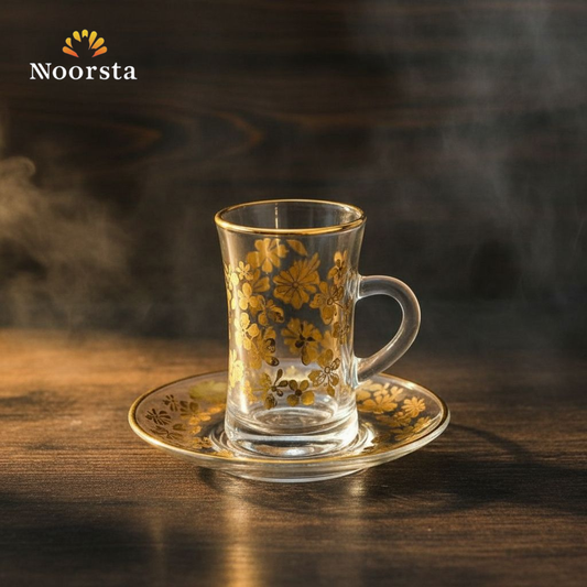 طقم استكانات شاي قزاز بحواف دهبي - Elegant Gold-Rimmed Glass Tea Set - Noorsta