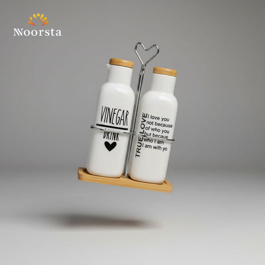 Noorsta 'True Love' Ceramic Oil & Vinegar Dispenser Set with Bamboo Stand