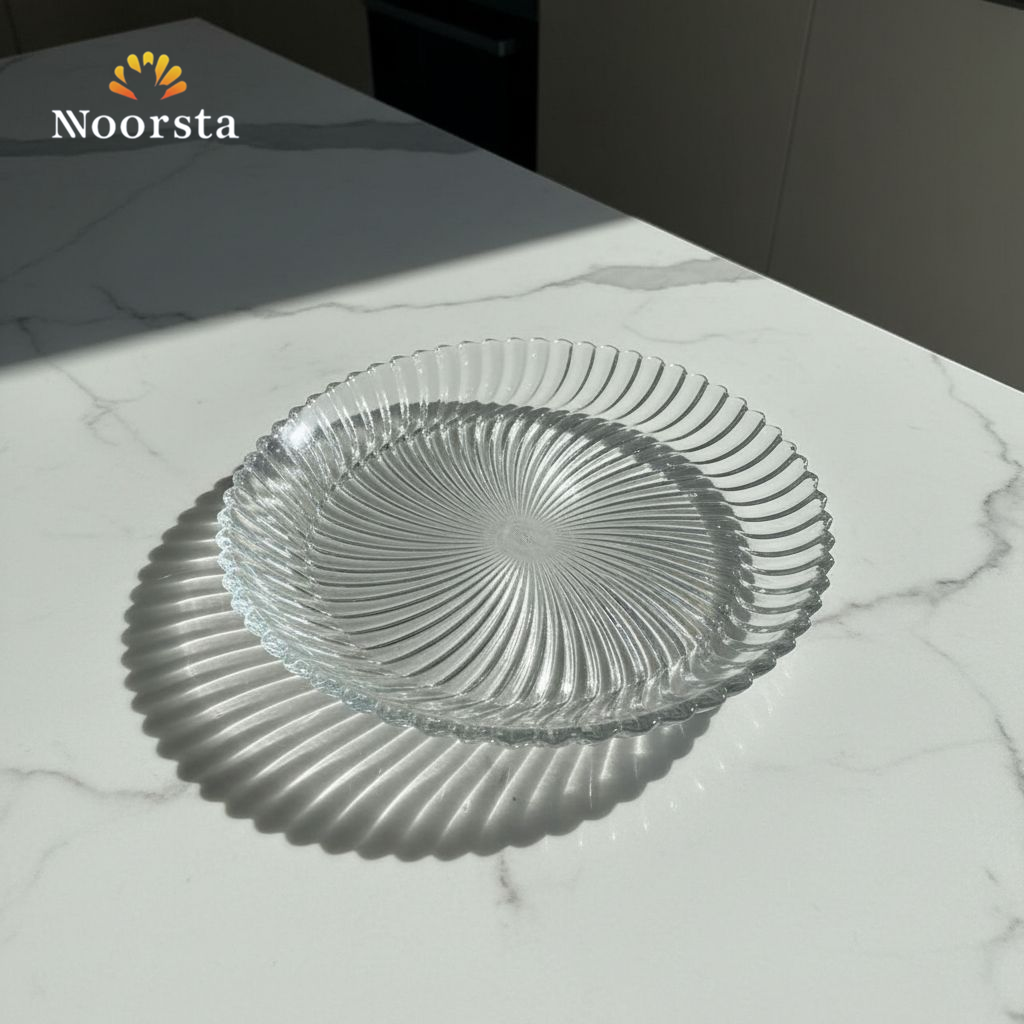 طقم أطباق تقديم زجاج شفاف للحلويات - Elegant Swirl Clear Glass Serving Plate Set - Noorsta