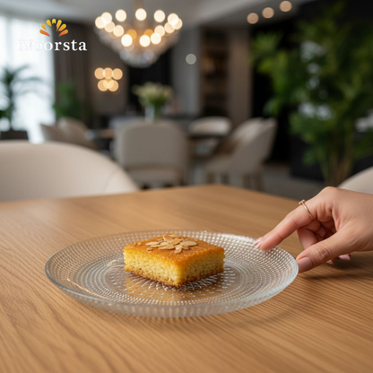 طقم أطباق جاتوه وتسالي زجاج شفاف محفور - Elegant Textured Clear Glass Cake Plate Set - Noorsta
