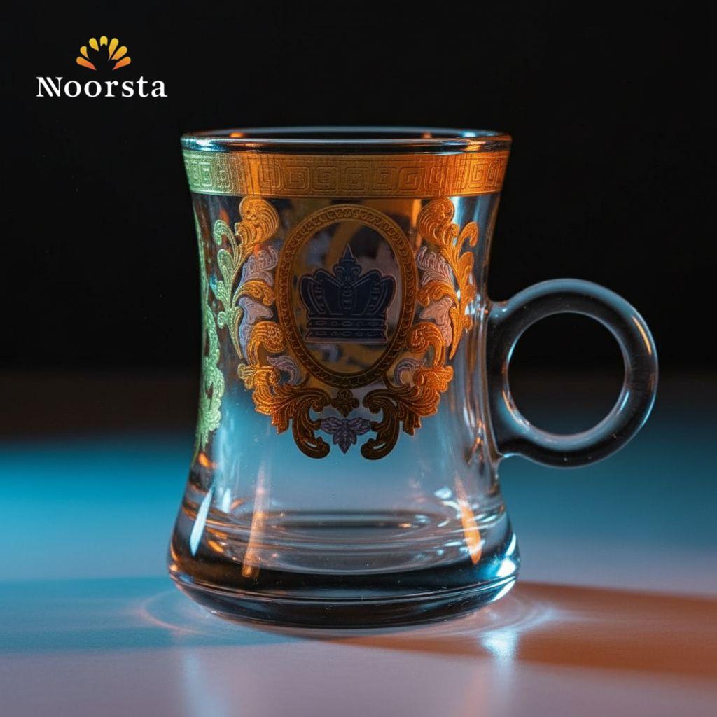 طقم كاسات شاي زجاج بنقشة التاج الملكي والدهبي - Majestic Crown Gold-Embossed Glass Teacup Set - Noorsta