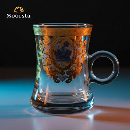 طقم كاسات شاي زجاج بنقشة التاج الملكي والدهبي - Majestic Crown Gold-Embossed Glass Teacup Set - Noorsta