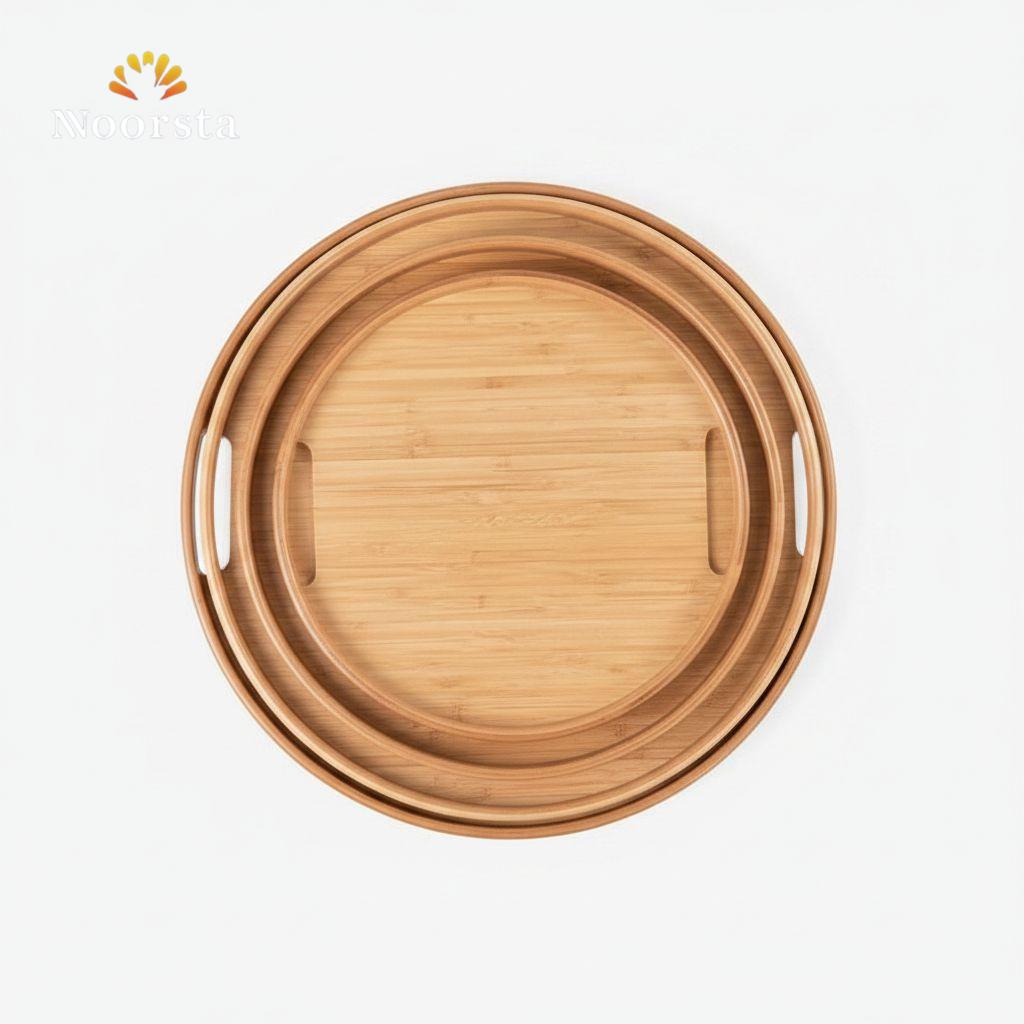 طقم صواني تقديم خشب بامبو شيك للضيوف - Authentic 3-Piece Bamboo Serving Tray Set - Noorsta