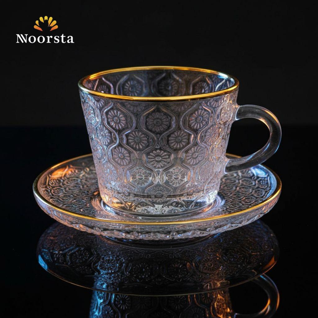 طقم فناجين شاي زجاج كريستال بإطار ذهبي - Elegant Crystal Glass Tea Cup and Saucer Set with Gold Rim - Noorsta