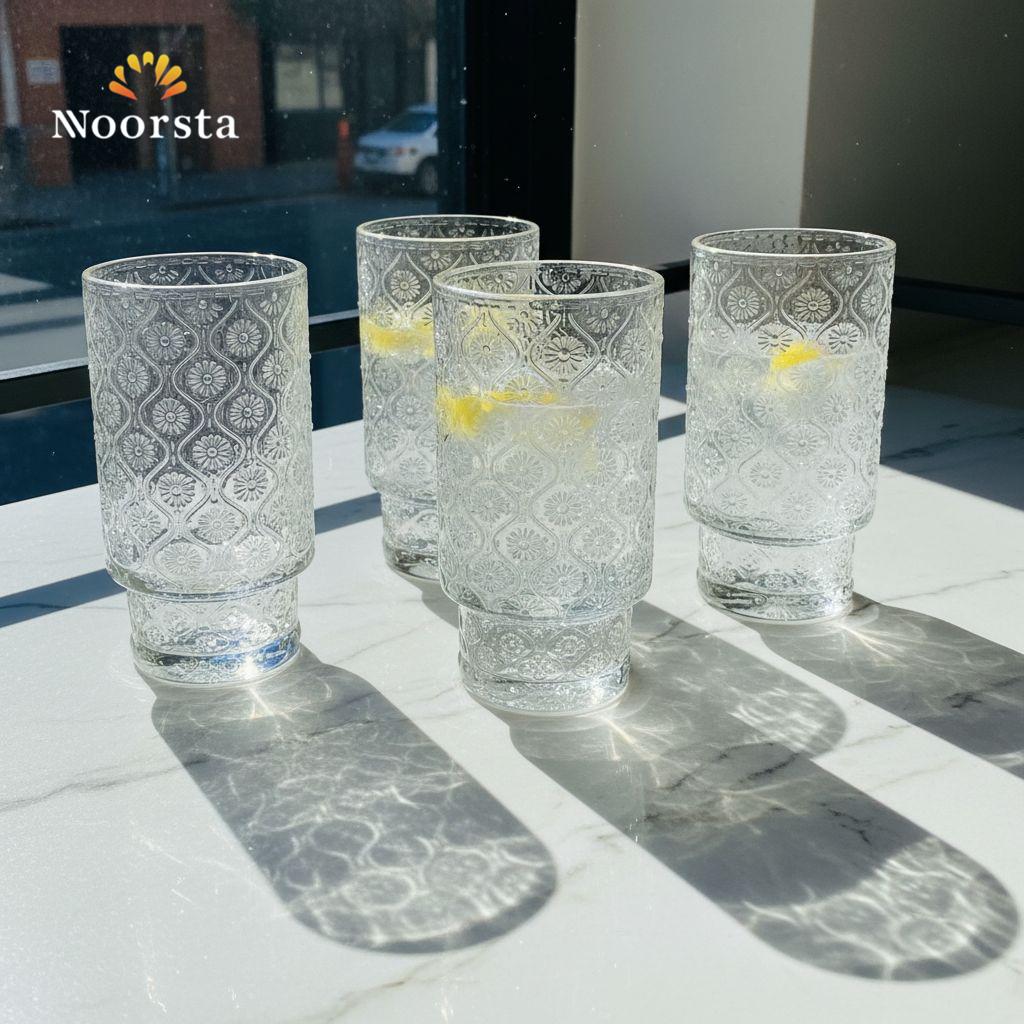طقم كاسات عصير زجاج منقوش لجهاز العروسة - Elegant Embossed Glass Juice Tumblers Set - Noorsta